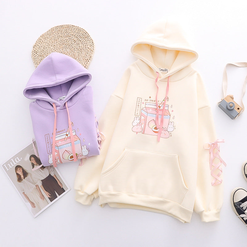 Cute Peach Bunny Fleece Pullover Hoodie