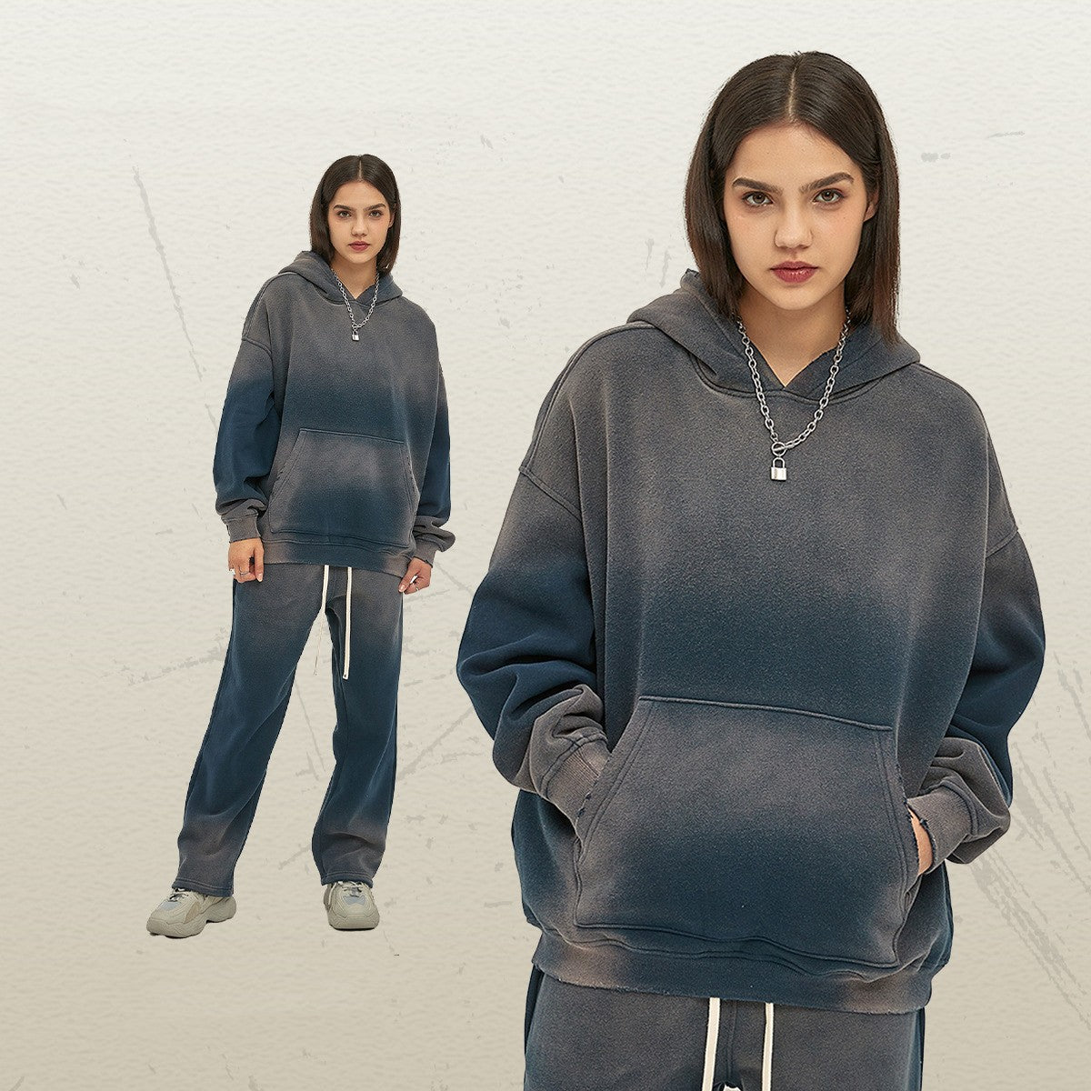Distressed Fur-Lined Heavyweight Spray-Dyed Hoodie