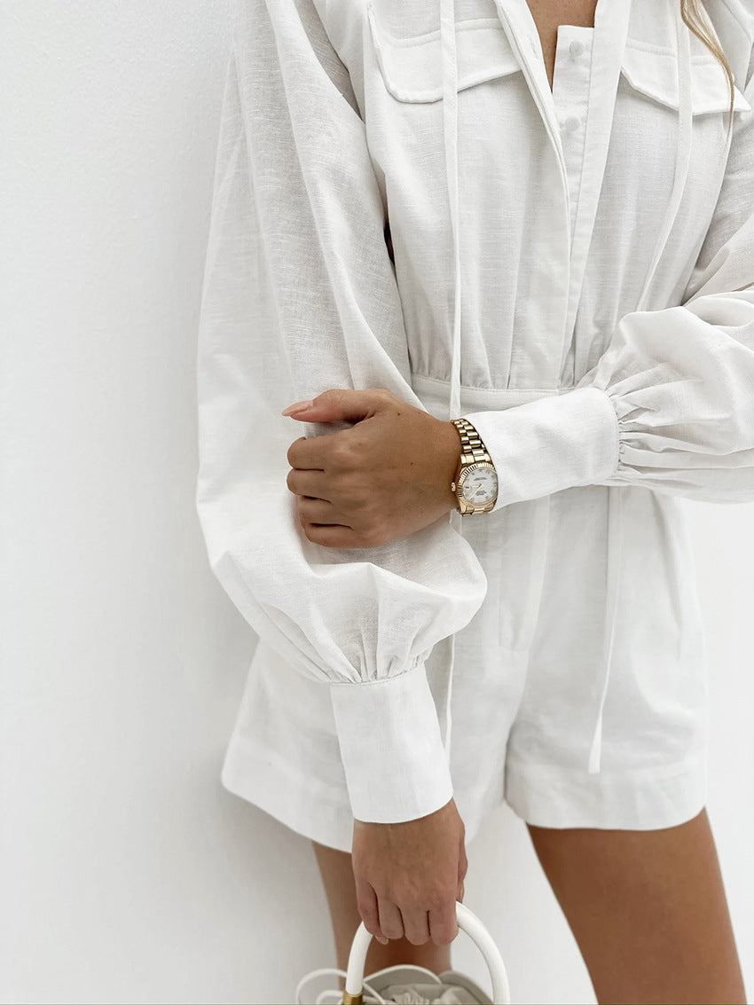 Chic White Cotton Puff Sleeve Romper