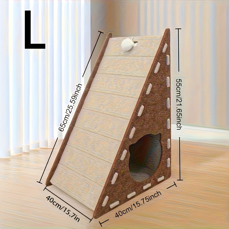 2-in-1 Triangle Cat Scratching Pad Felt Bed With Plush Toy Ball, Durable And Shed-free Structure For All Seasons Indoor Cats To Play Rest & Sharpen Claws, Feline Enrichment, Claw Sharpening, Modern