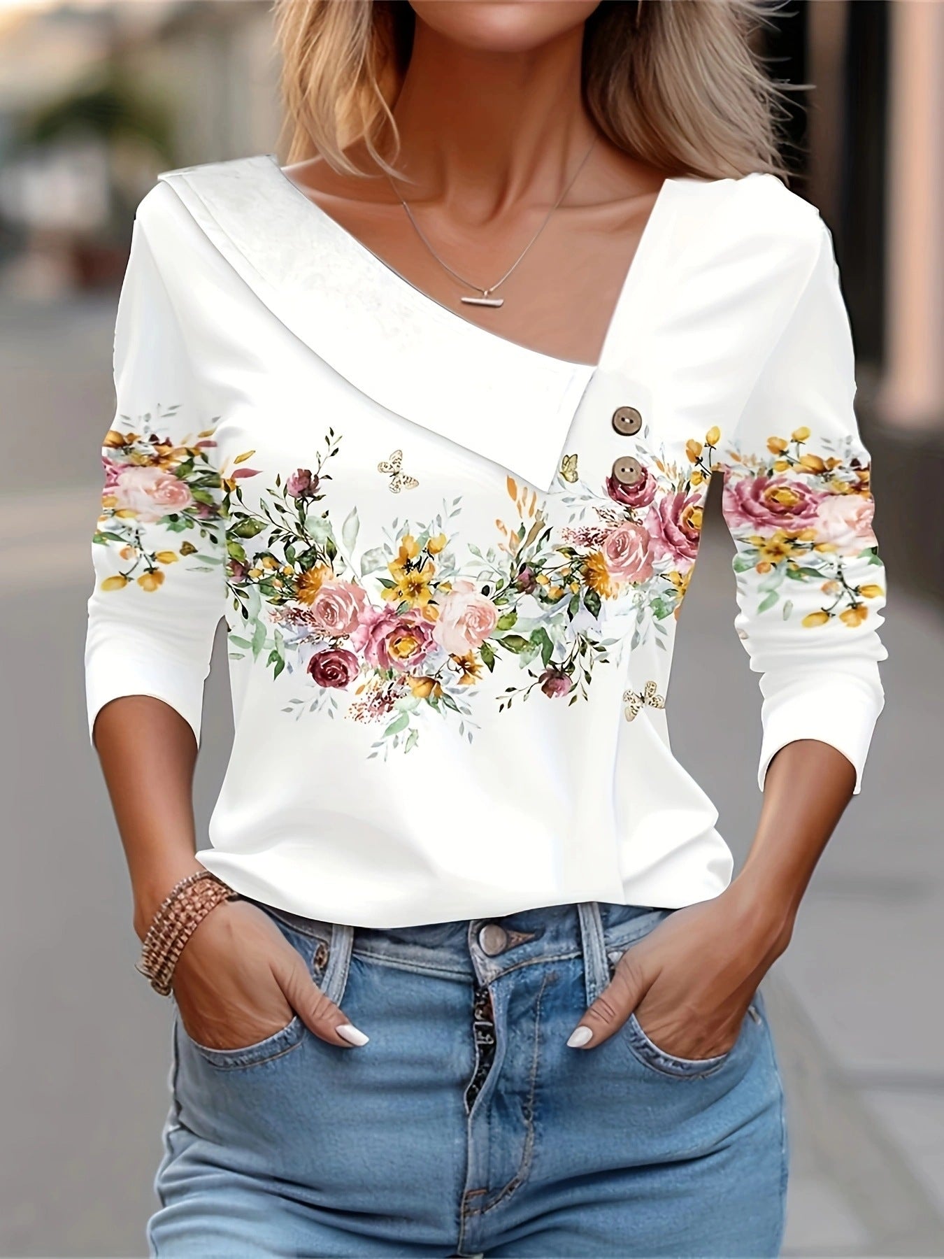 Floral Color-Block Diagonal Collar Longline Tee
