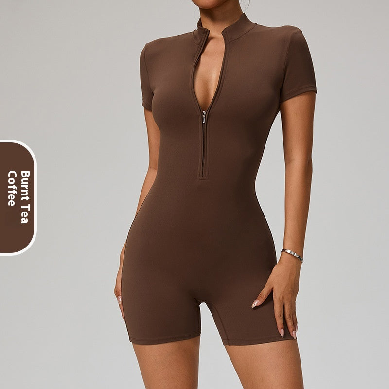 Women's Short Sleeve Zipper Sports Yoga Jumpsuit