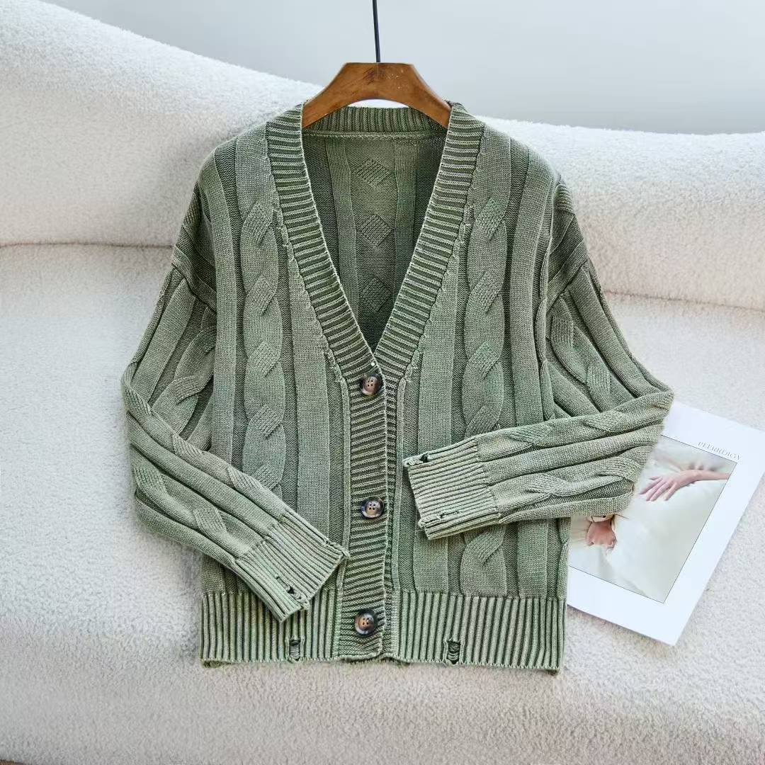 European and American Old Knitted Coat Women's Loose V-neck