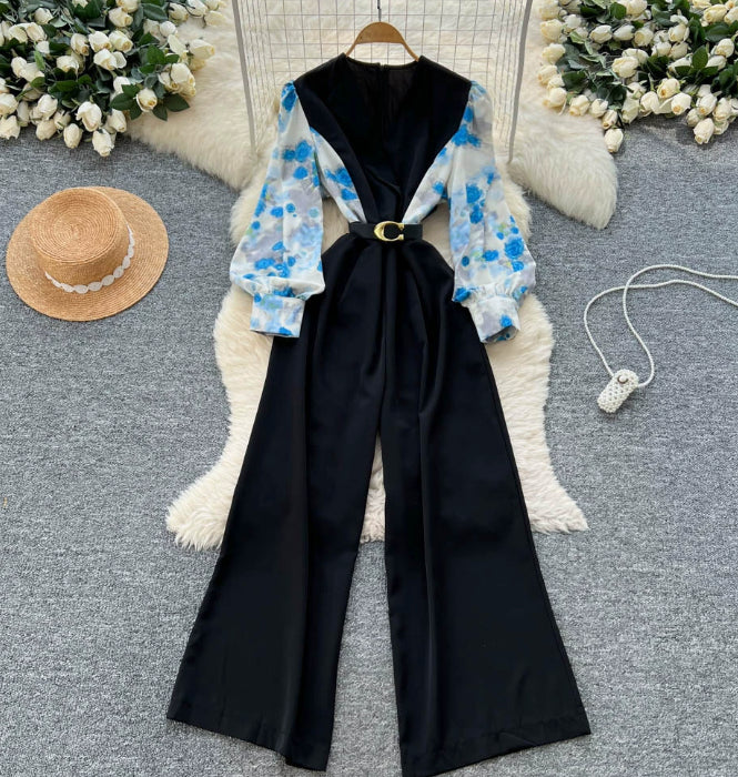 Elegant Floral Patchwork Long-Sleeve Jumpsuit