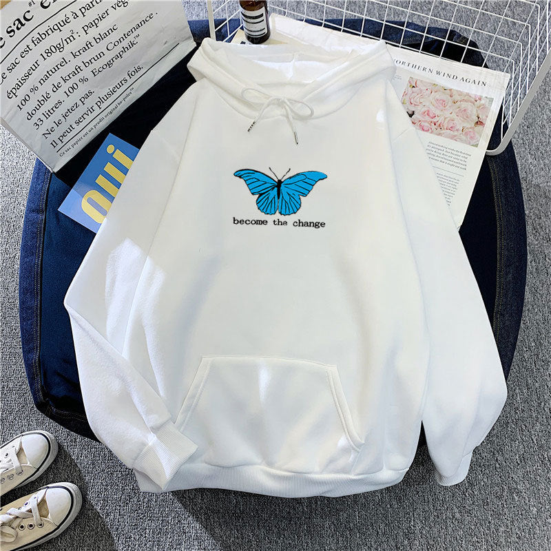 Cozy Butterfly Print Loose Pullover Hoodie