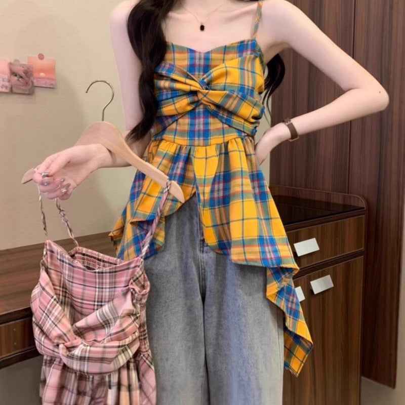 Contrast Color Plaid Spaghetti Strap Vest – Irregular Fit