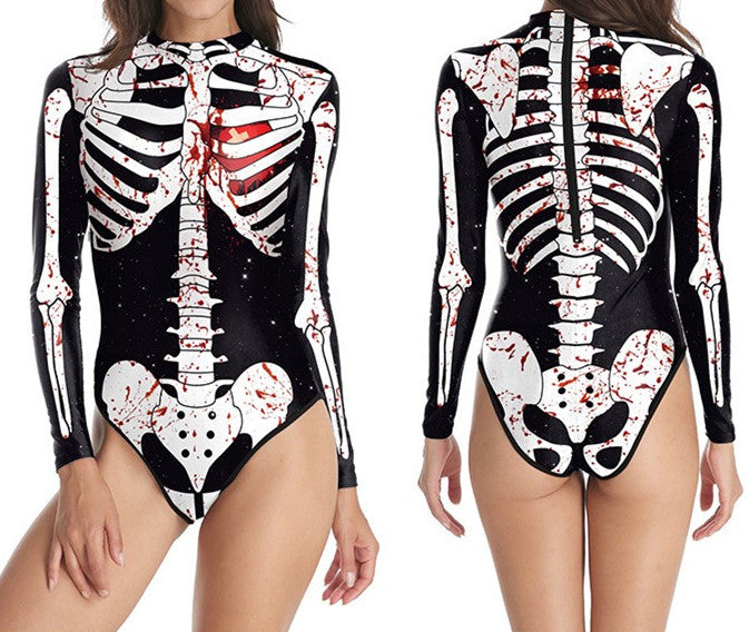 Women's Long-sleeved 3d Digital Printing Skull Skeleton One-piece Swimsuit