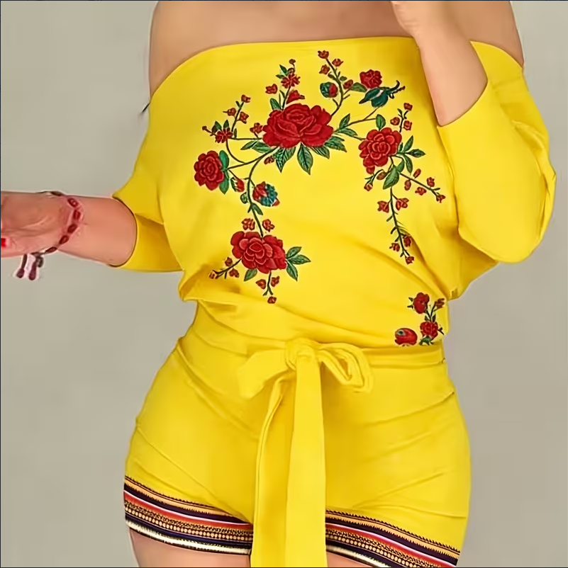 Peacock Print Off-Shoulder Casual Romper
