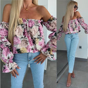 Elegant Long-Sleeve Puff Sleeve Dress – Floral Print, Waist-Cinching