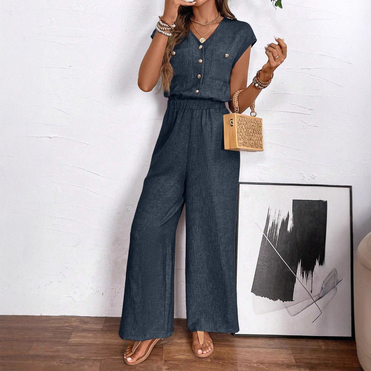 Womens Sleeveless Elegant High-Waisted Jumpsuit Pants