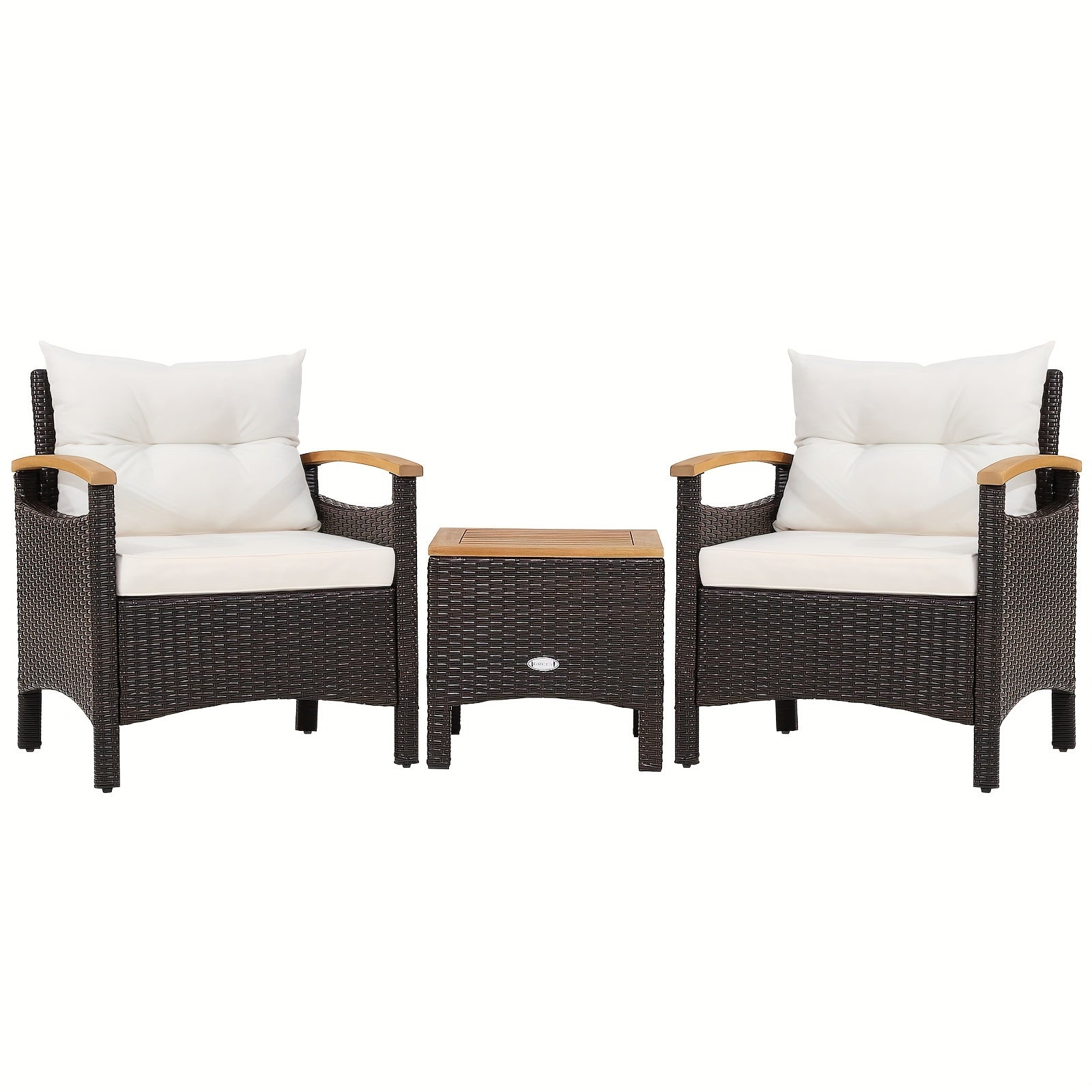 3pcs Patio Rattan Furniture Set Wooden Armrest Table Top Cushioned Deck
