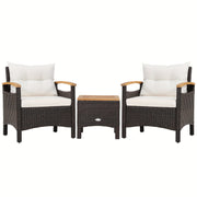 3pcs Patio Rattan Furniture Set Wooden Armrest Table Top Cushioned Deck