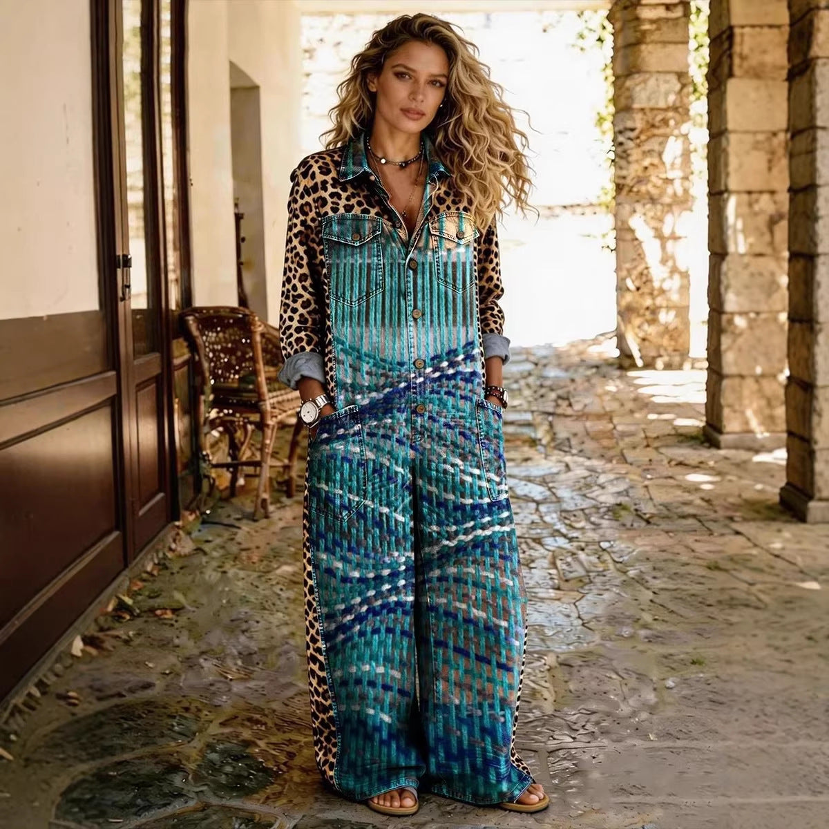 Chic Printed Long-Sleeve Lapel Jumpsuit