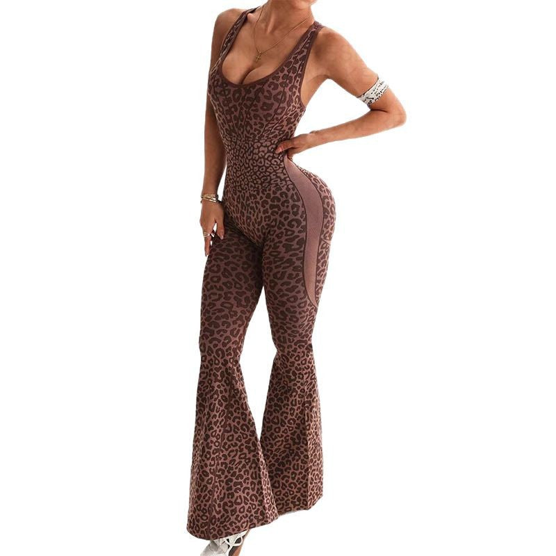 Leopard Print V-Neck Backless Slim Fit Halter Jumpsuit