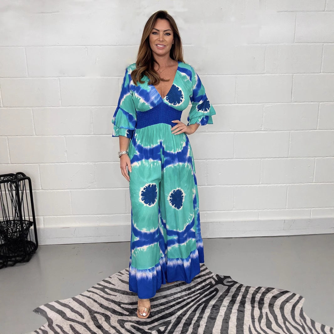 Plus Size Tie-Dye Bell-Sleeve Wide-Leg Jumpsuit
