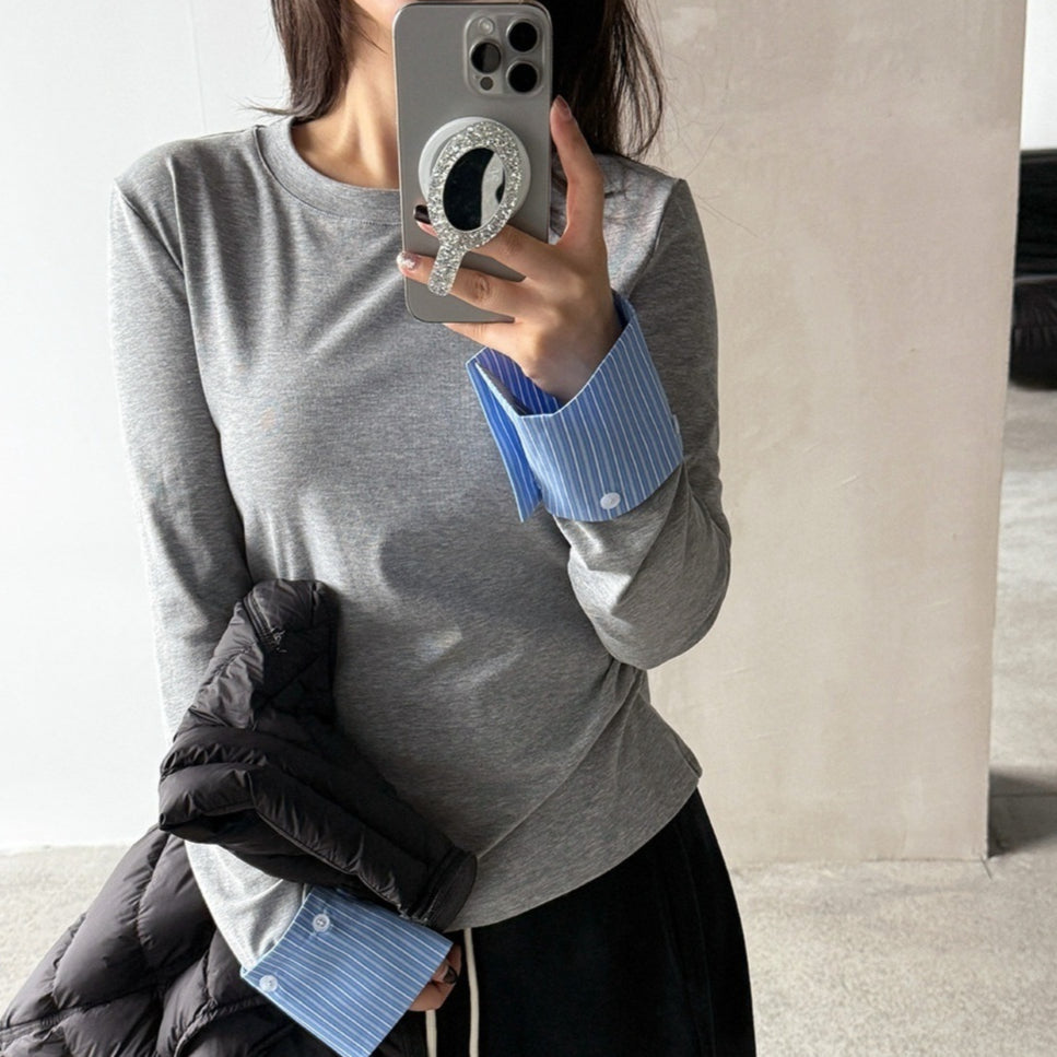 Slim Fit Crew Neck Pullover – Soft Gray Long‑Sleeve Top