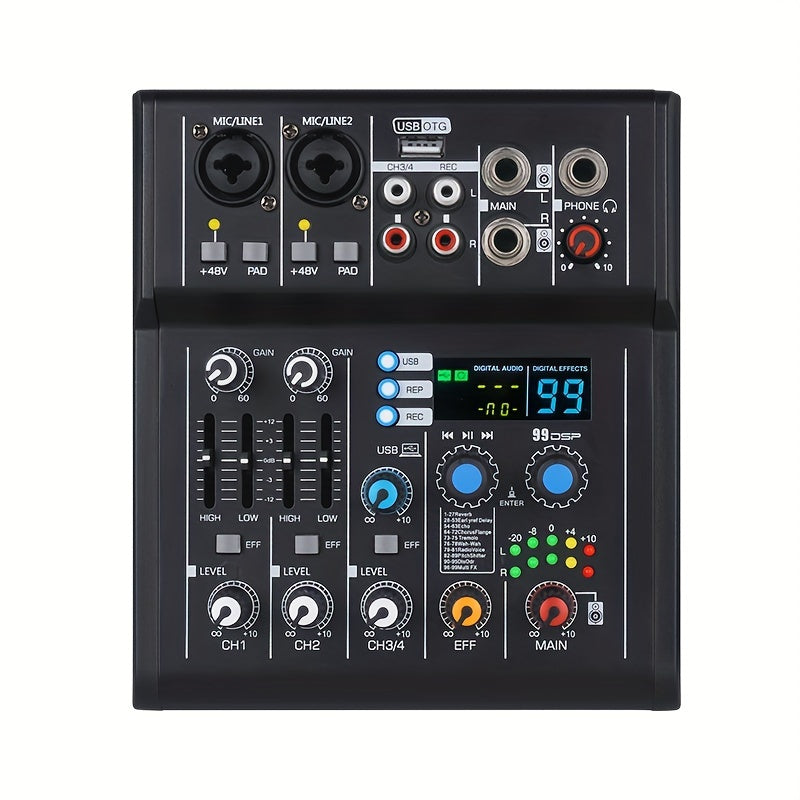4-Channel DJ Audio Mixer with USB and SD Card Recording