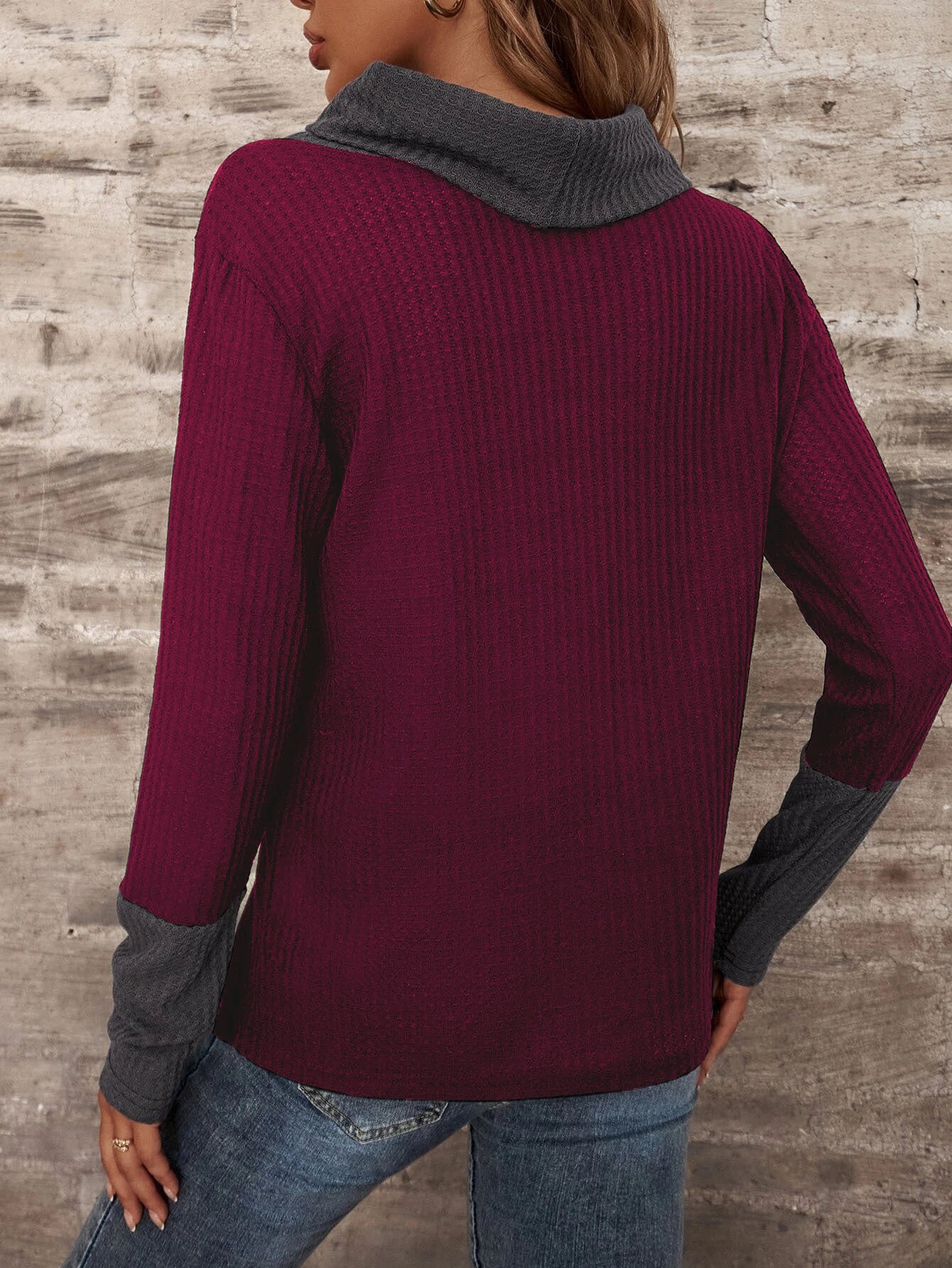Waffle Knit Mock Neck Long Sleeve Top