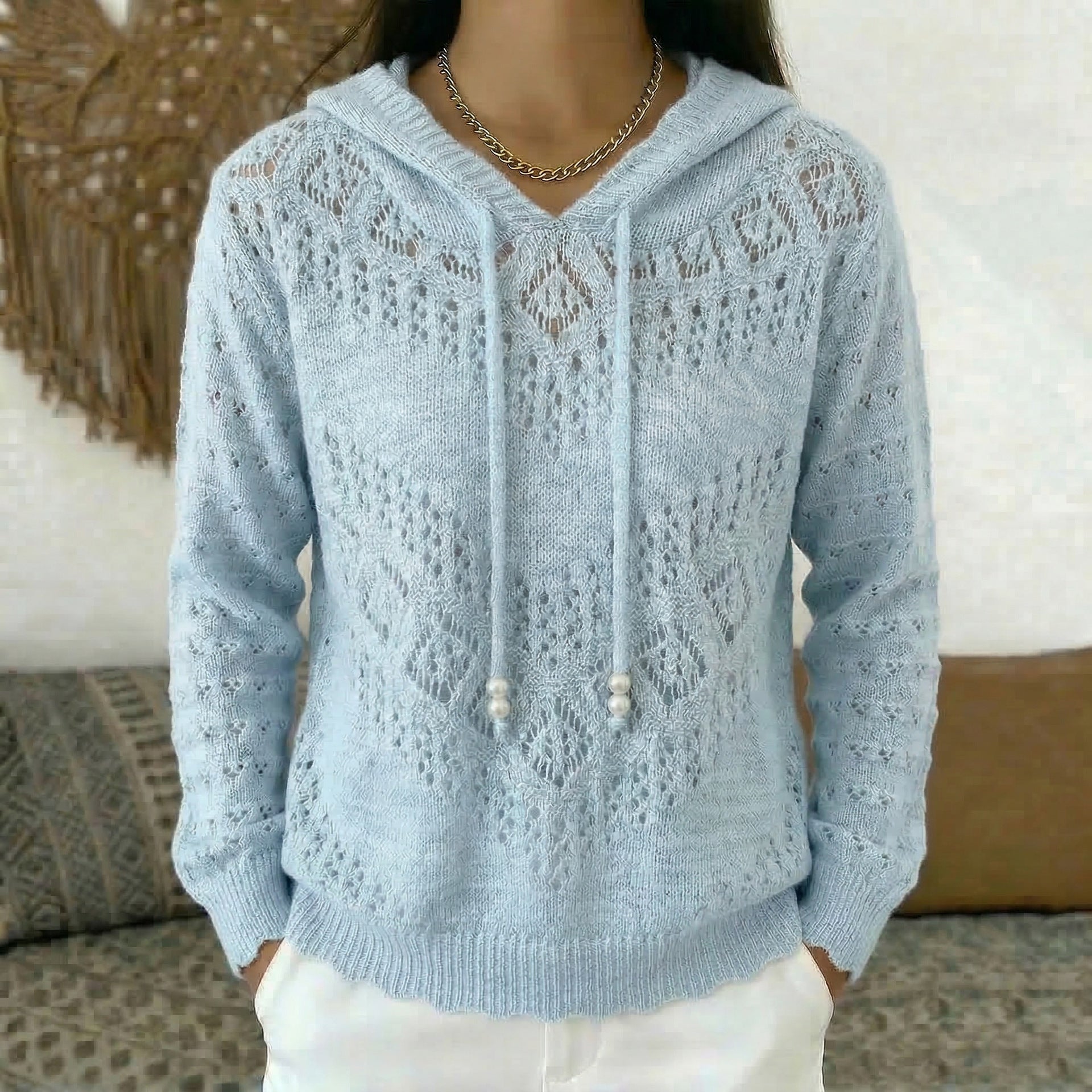 Cable-Knit Hooded Sweater – Cozy Hollow-Out Design for Women