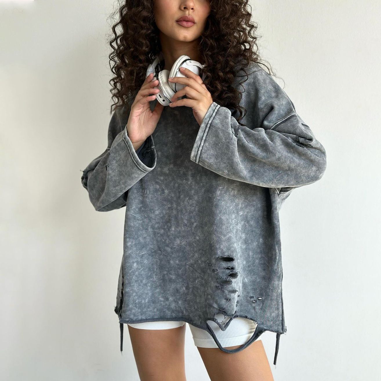 Women's Distressed Crew Neck Knit Sweater