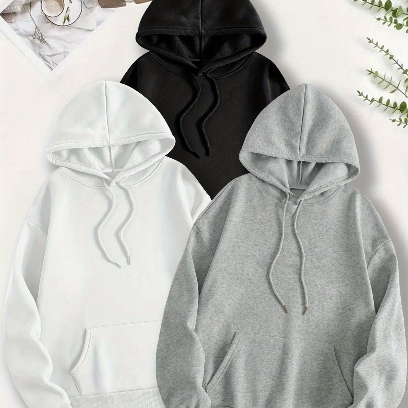 Three-Piece Oversized Solid Color Hooded Sweatshirt Set with Long Sleeves