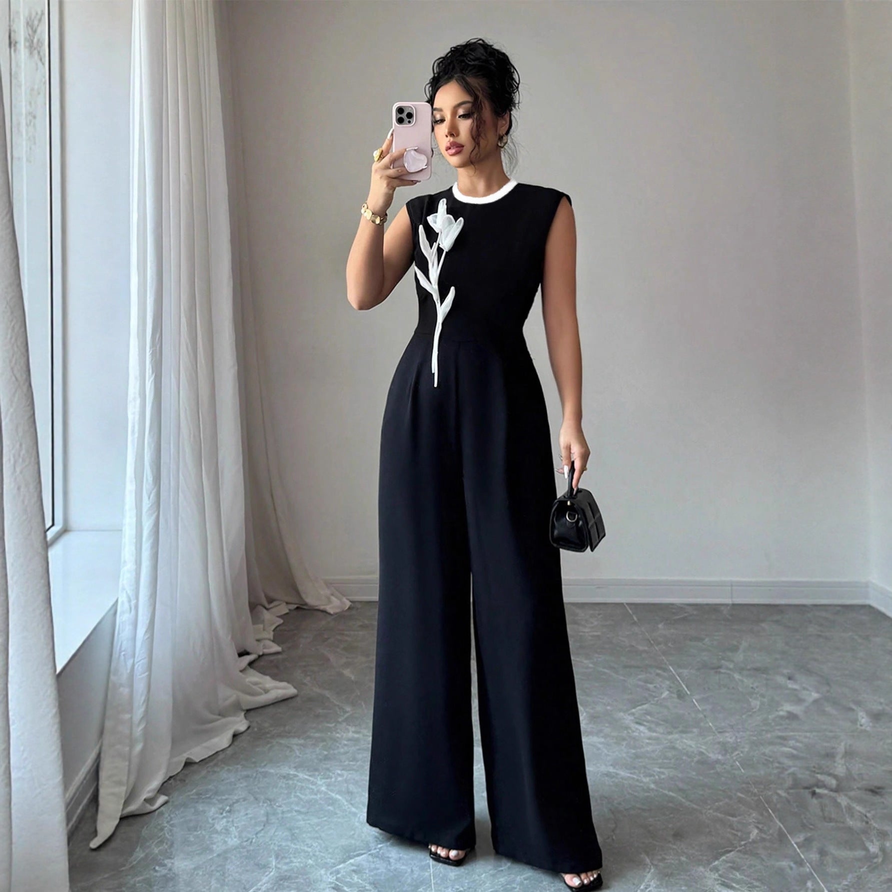 Elegant Embroidered Black Sleeveless Wide-Leg Jumpsuit