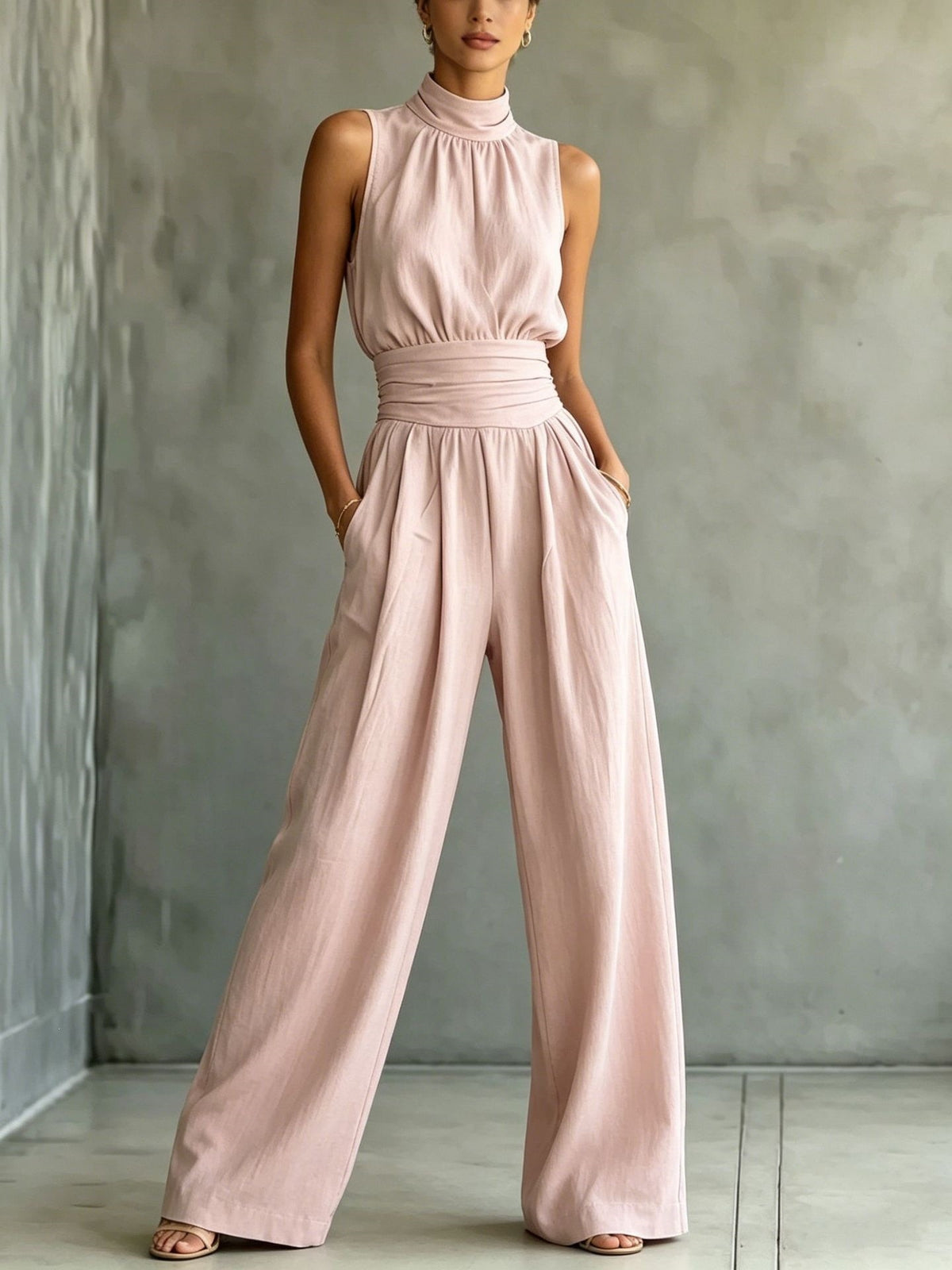 Chic Sleeveless Mock-Neck Wide-Leg Casual Jumpsuit