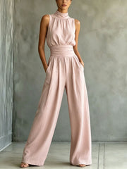 Chic Sleeveless Mock-Neck Wide-Leg Casual Jumpsuit