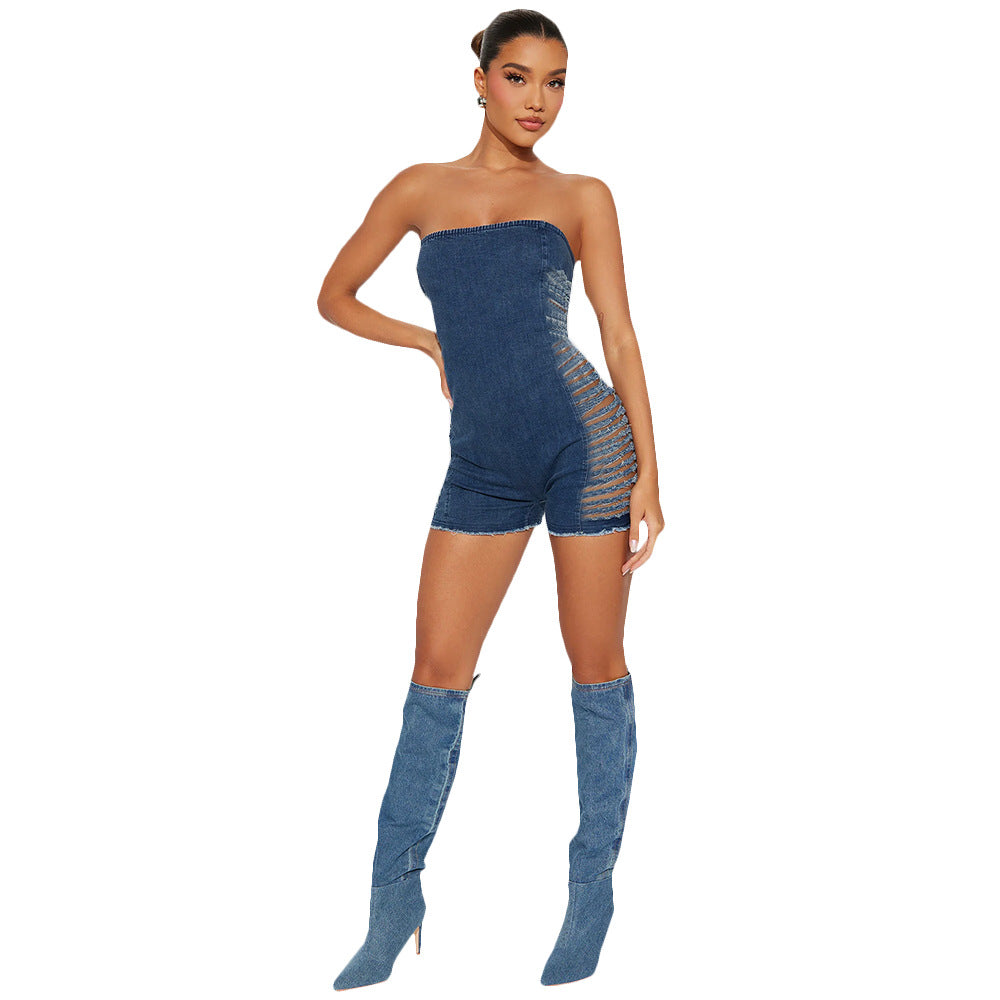 Stretchy Washed Denim Cutout Jumpsuit Romper