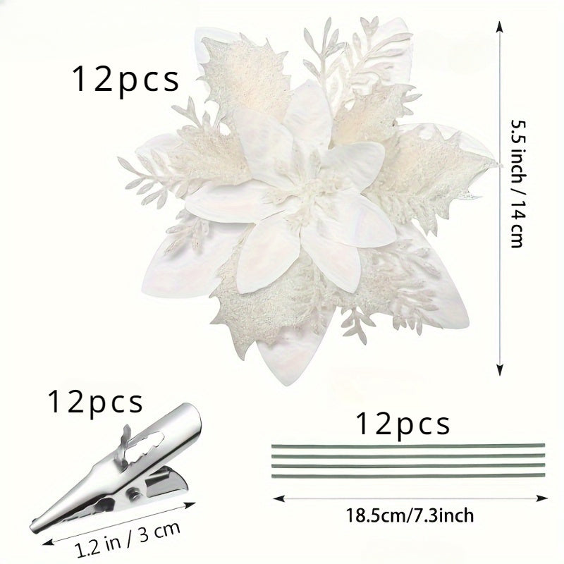 36pcs Glittering Christmas Star and Flower Hanging Ornaments Set with Clips and Stems - Perfect for Christmas Tree, Wreaths, Holiday Decorations, and Home Décor Multi-Purpose Gift
