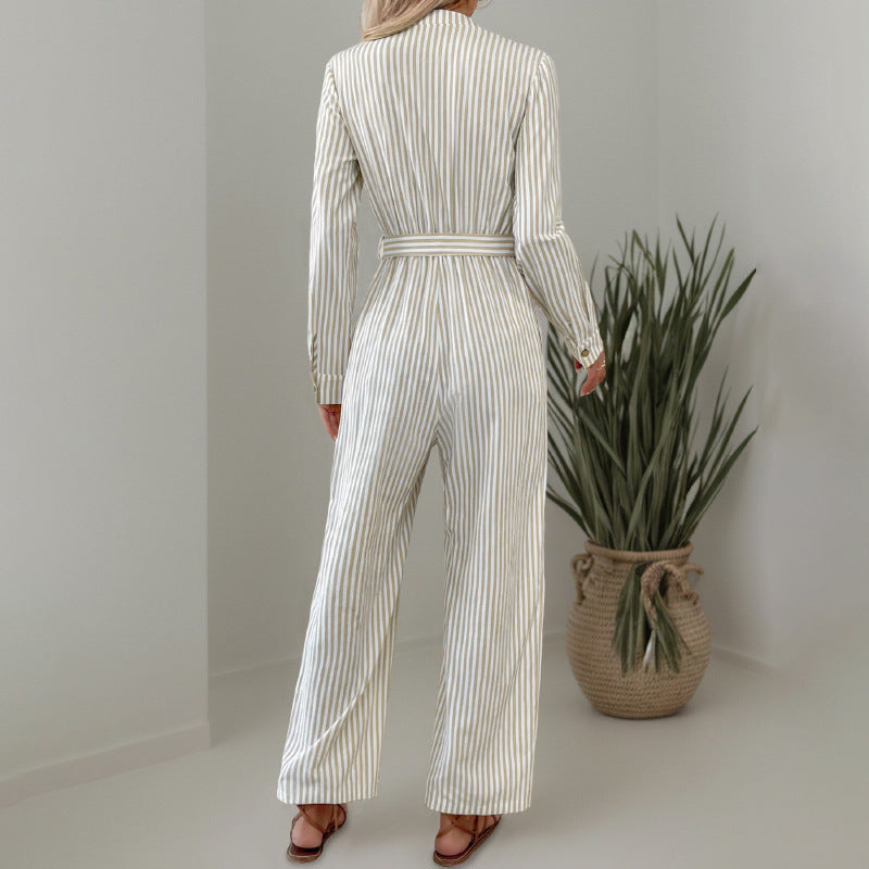 Chic Striped Lace-Up Commuter Jumpsuit