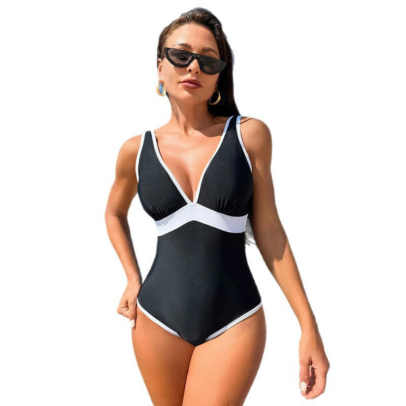 Womens Fashionable Color-Block Conservative Deep-V One-Piece Swimsuit
