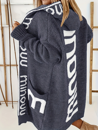 Women Loose Mid-length Hooded Knit Cardigan, Contrast Letter Jacquard Pockets Lazy Style Thick Sweater Coat for Fall Winter