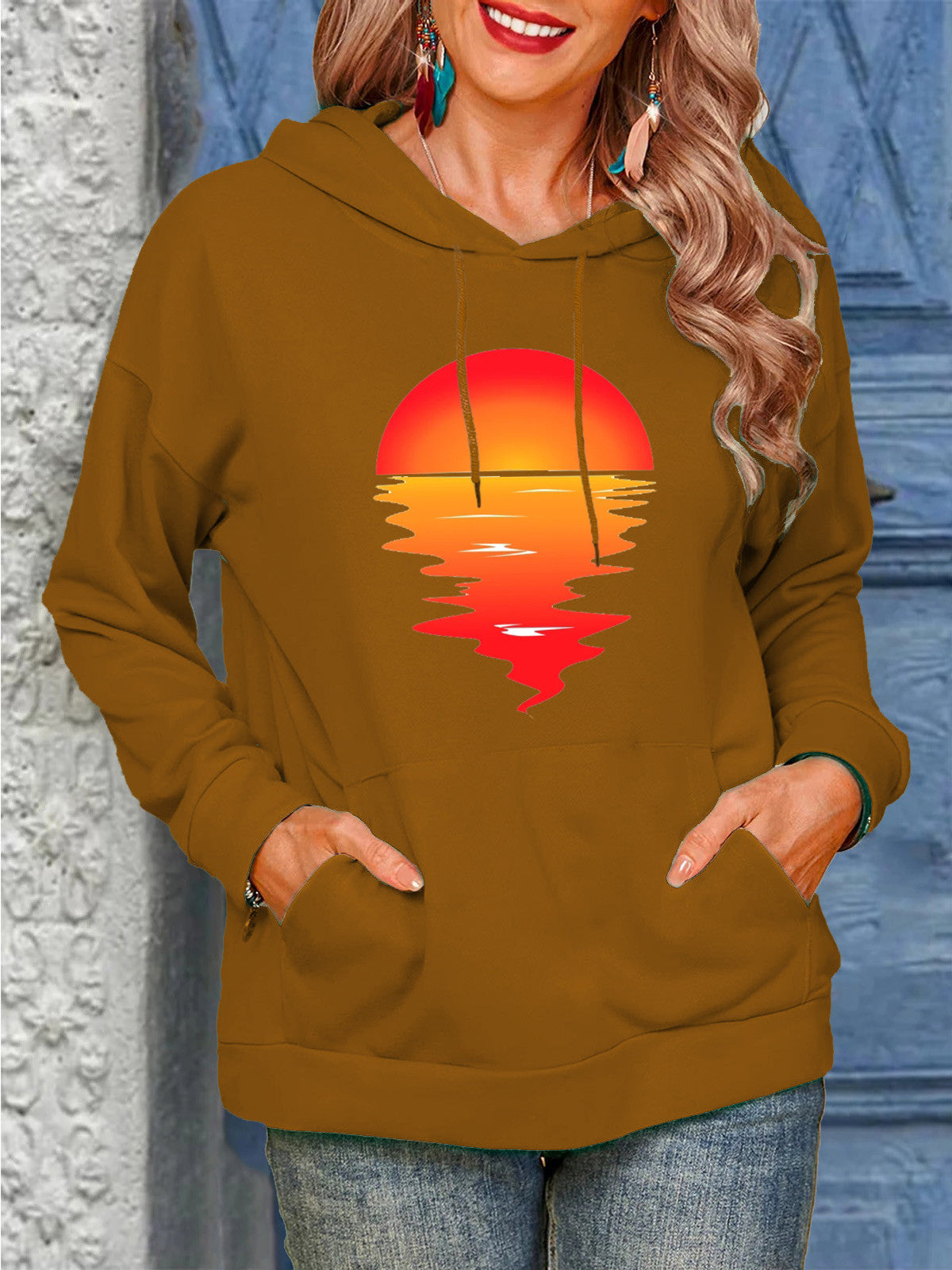 Women's Sun Print Drawstring Casual Hoodie