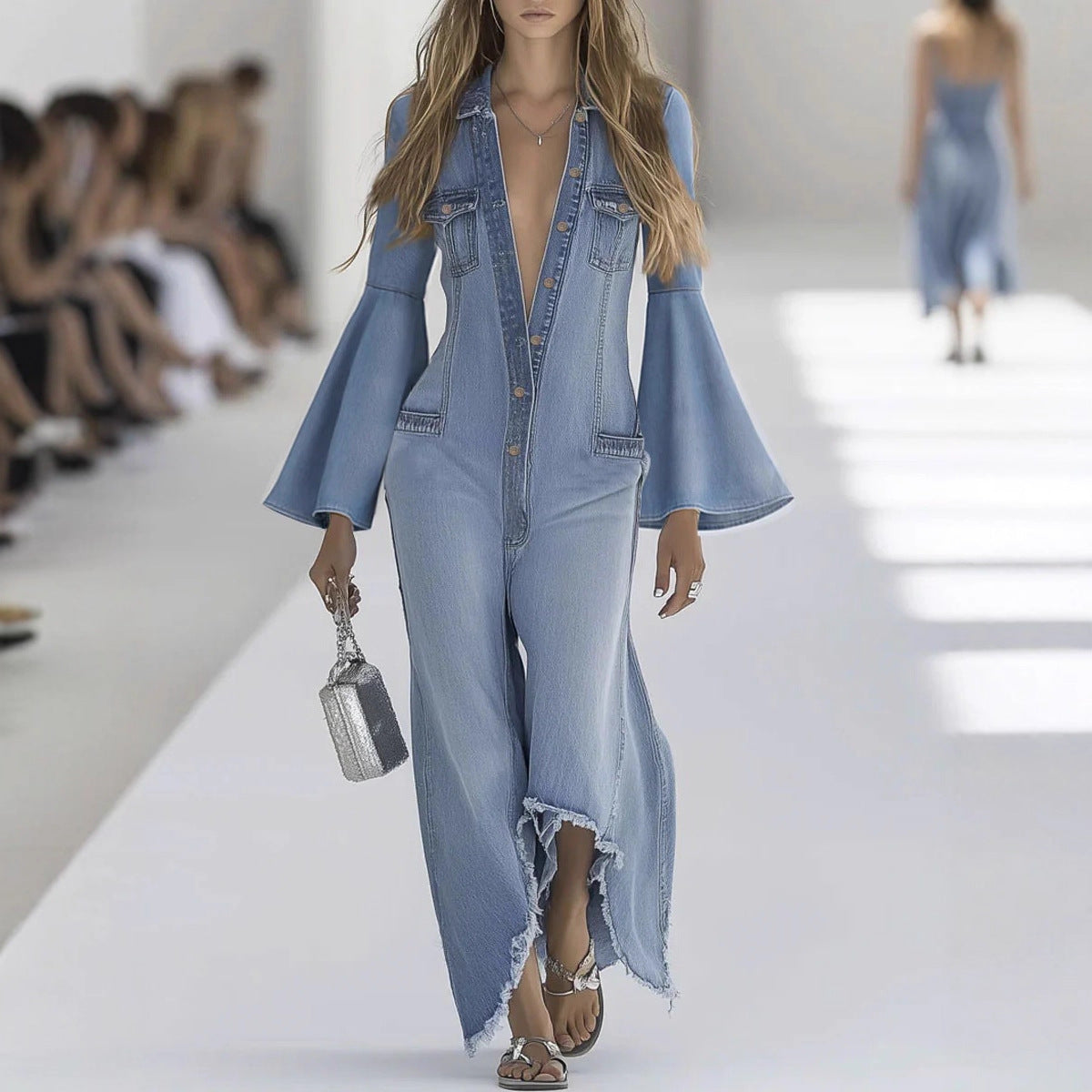 Women's Casual Single-Breasted Denim Jumpsuit