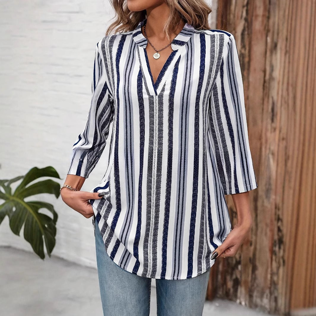 Womens Fashionable Striped Printed V-Neck Slim-Fit All-Match Long-Sleeve Shirt