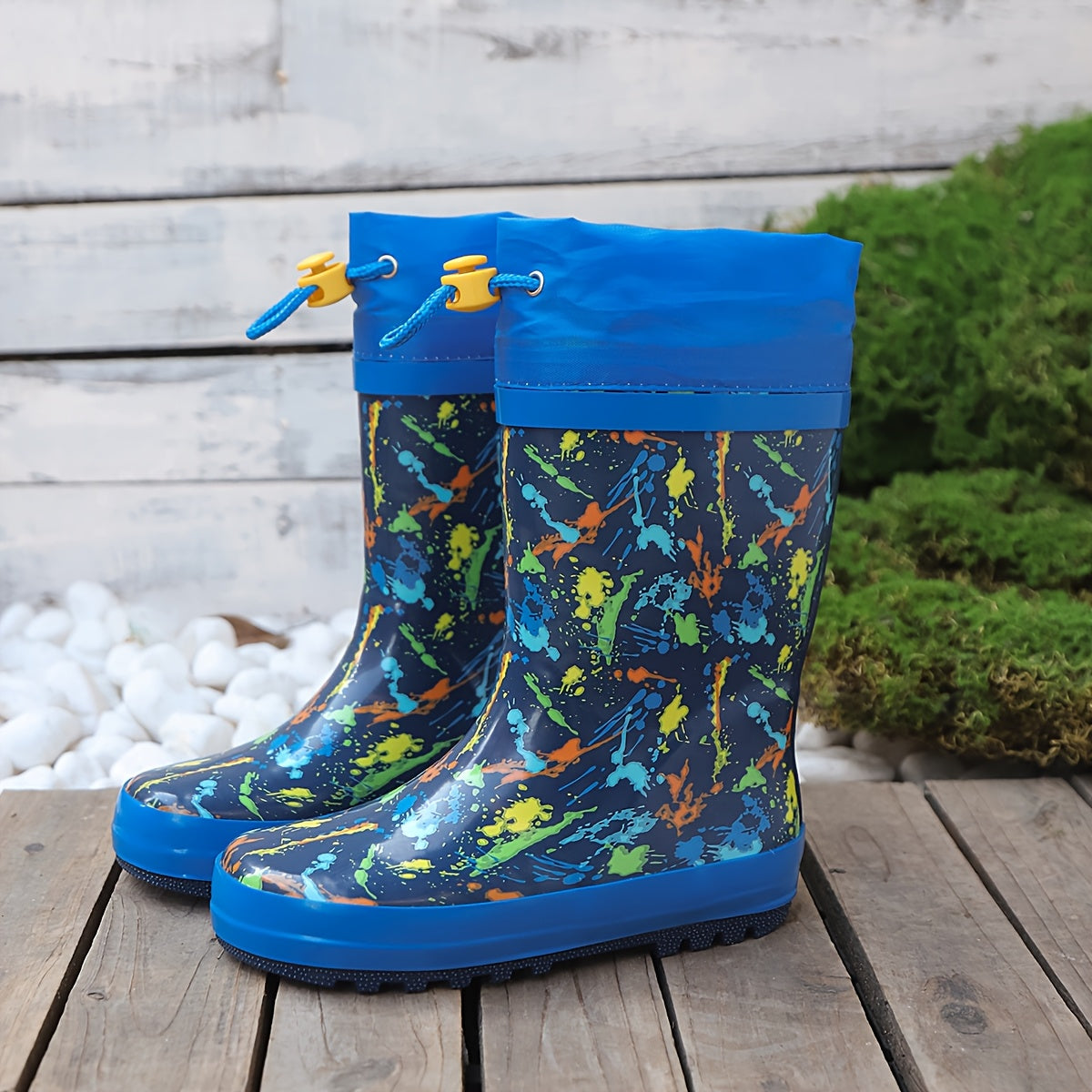 Boys' Lightweight Fleece-Lined Rain Boots – Cartoon Print, Adjustable Drawstring, Long Tubular Design