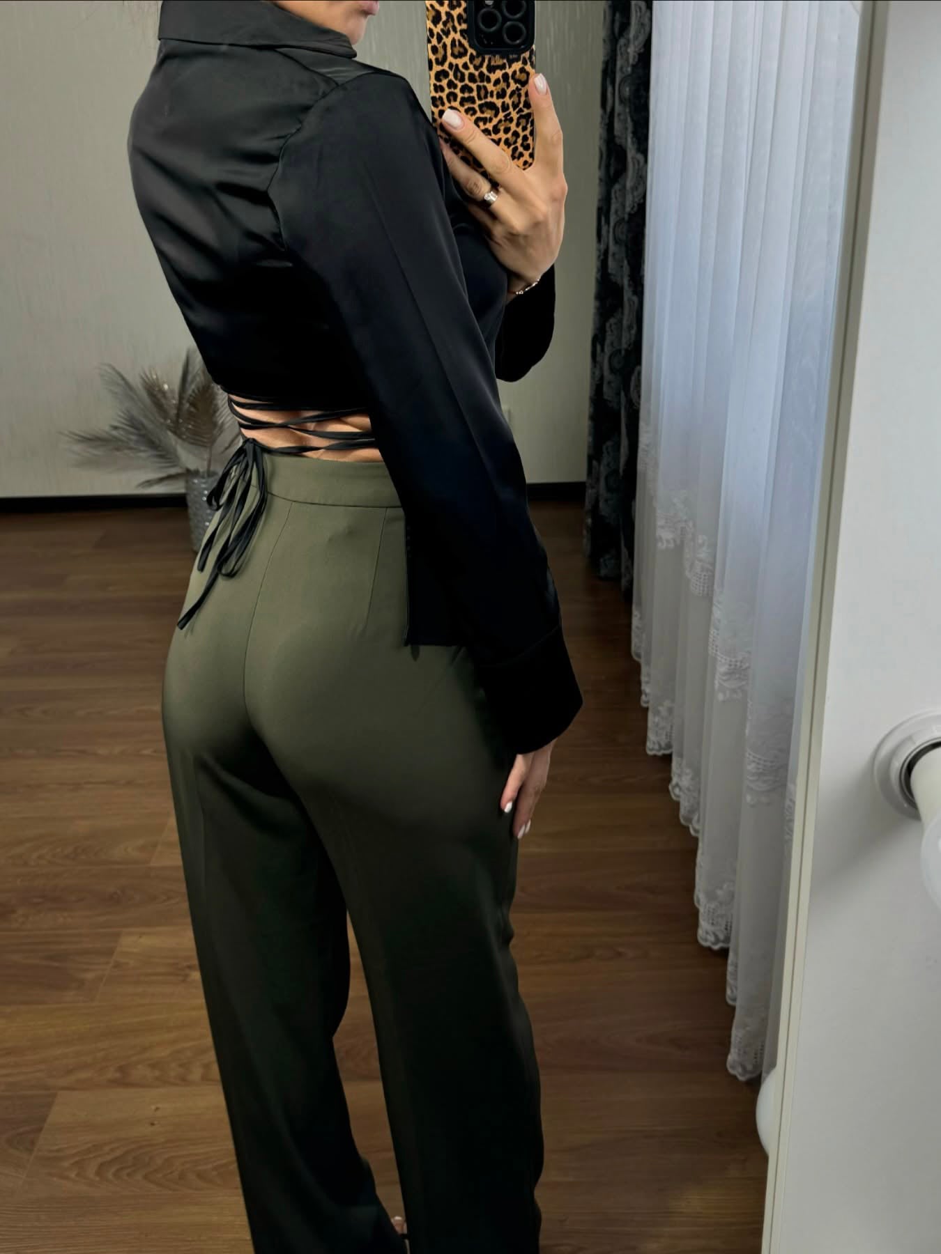 Black Satin Backless Lace-up Shirt