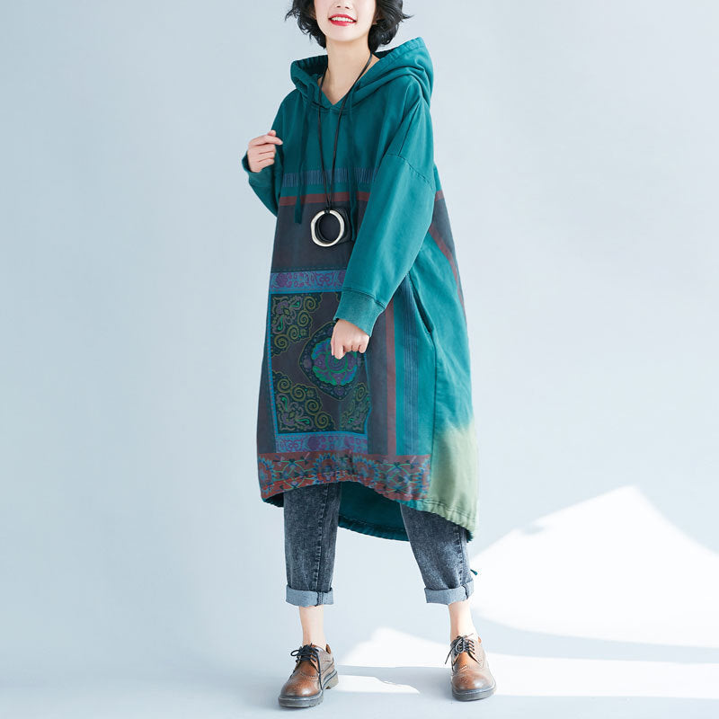Gradient Print Loose Hooded Sweatshirt Dress