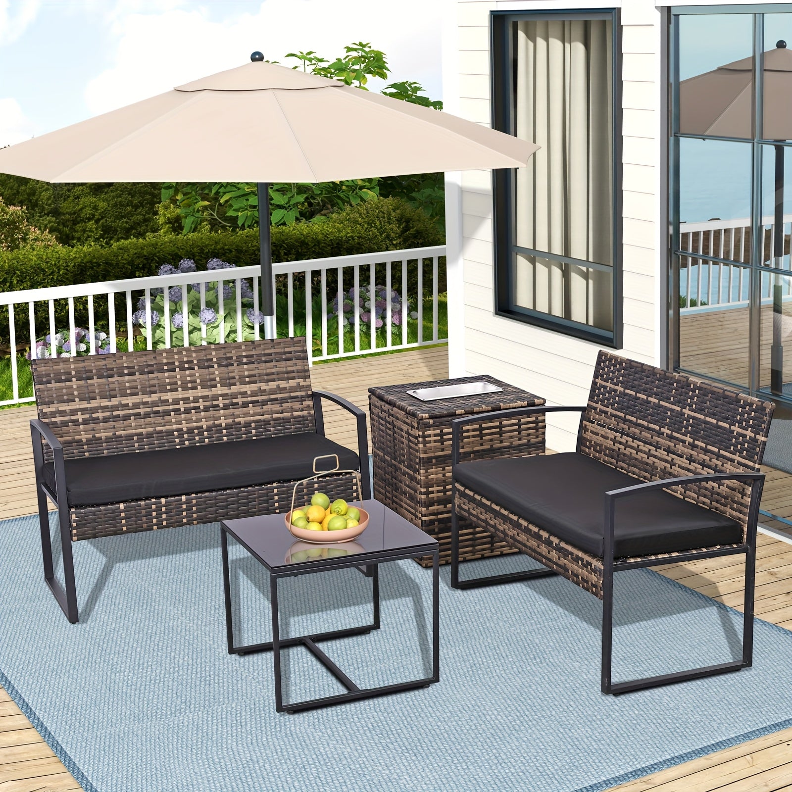 4pcs Outdoor Patio Furniture Set, Rattan Conversation Set Patio Sofa, Storage Box with Built-in Beverage Refrigeration Ice Bucket Box, Outdoor Coffee Table for Garden, Balcony, Porch