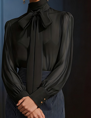 Elegant High‑Neck Puff‑Sleeve Tie‑Bow Blouse – Slim Fit for Work & Casual