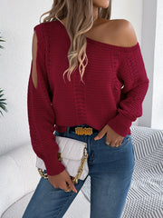 Women Casual Solid Color Hollow Out Off-shoulder Long Sleeve Pullover Sweater