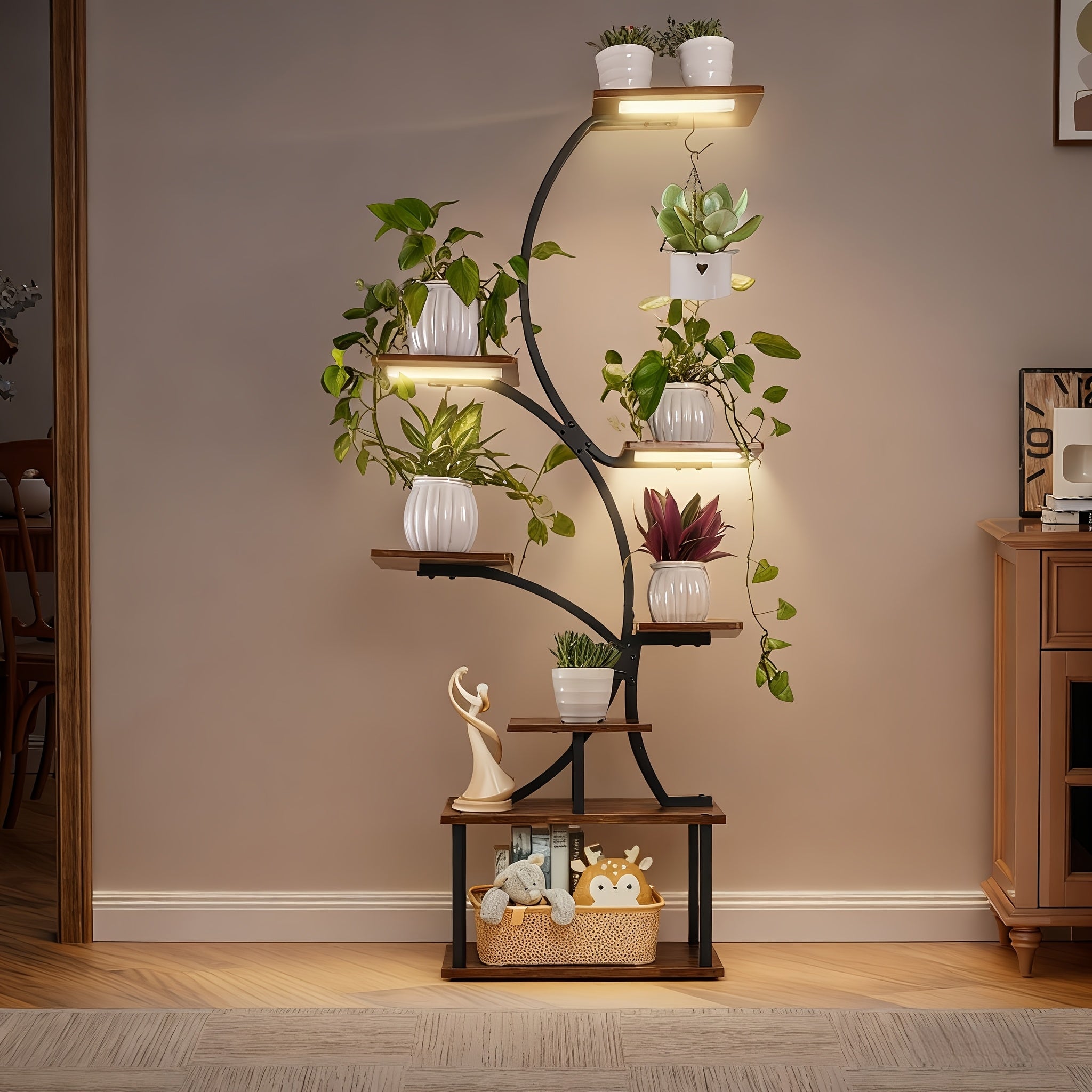 8-Tier Corner Plant Stand with LED Grow Lights, 62.2" Tall Metal Multi-Layer Shelf for Indoor Plants, Decorative Display Rack for Living Room Decor, Home Plant Holder for Houseplants, No Assembly…