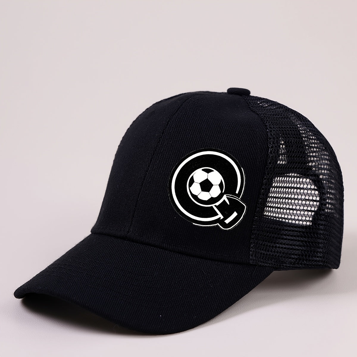 Boys Mesh Baseball Cap with A‑Z Letter and Soccer Ball Print, Unisex Sunvisor, Black