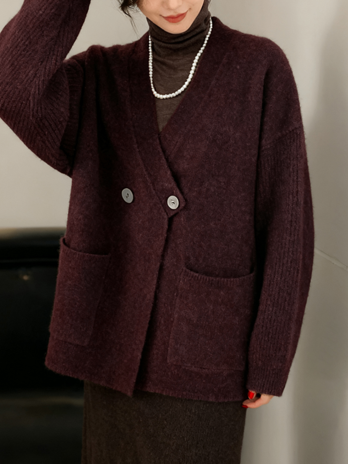 Ladies Irregular Wrap Front Two Buttons Drop Shoulder Knit Coat with Side Pockets