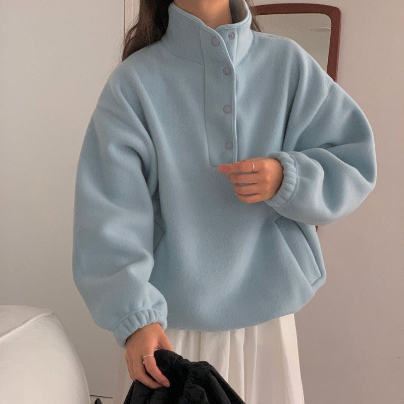 Cozy Stand Collar Fleece Pullover Sweater Top
