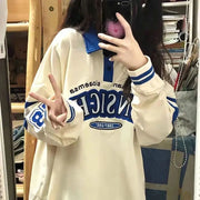 Retro Japanese Color-Block Loose Long Sleeve Pullover Sweatshirt