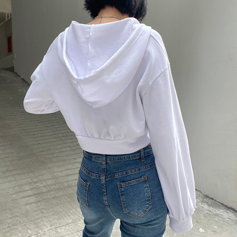 Solid Color Waist Tight Loose V-neck Hooded Jacket