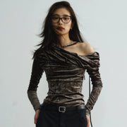 Retro Pleated Boatneck Off Shoulder Green Velvet Sheen Base Top