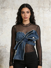 Denim Bow Mesh Overlay Top